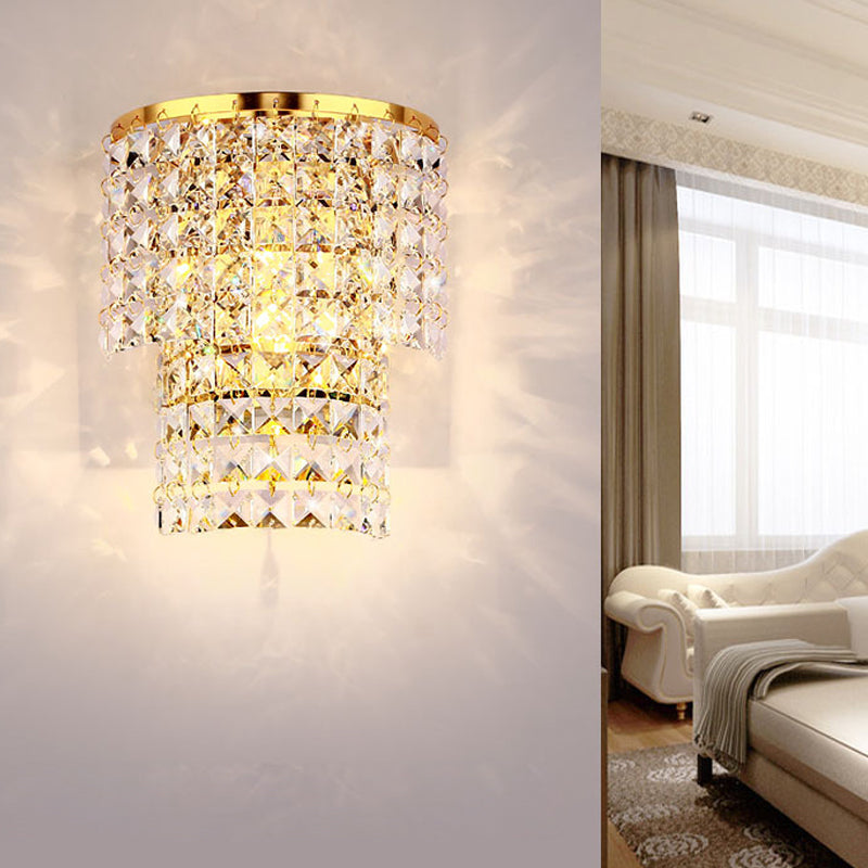 Double Layered Wall Sconce Light Vintage Style Clear Crystal 1 Light Chrome/Gold Wall Mount Lamp with Square Shape, 7"/10" W Clearhalo 'Modern wall lights' 'Modern' 'Wall Lamps & Sconces' 'Wall Lights' Lighting' 559816