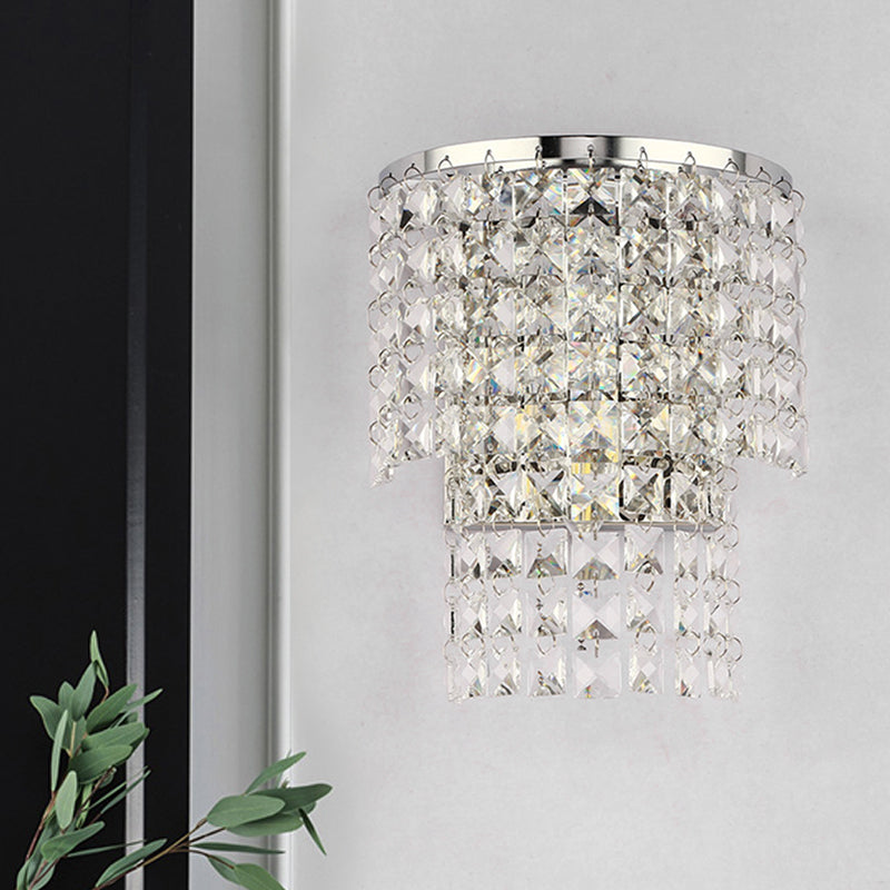 Double Layered Wall Sconce Light Vintage Style Clear Crystal 1 Light Chrome/Gold Wall Mount Lamp with Square Shape, 7"/10" W Chrome 10" Clearhalo 'Modern wall lights' 'Modern' 'Wall Lamps & Sconces' 'Wall Lights' Lighting' 559820