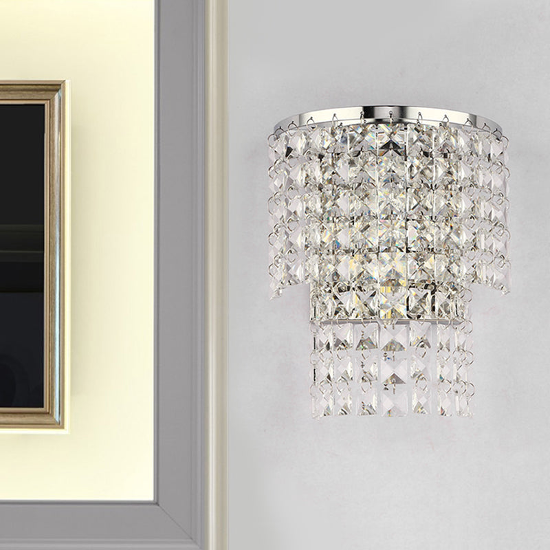 Double Layered Wall Sconce Light Vintage Style Clear Crystal 1 Light Chrome/Gold Wall Mount Lamp with Square Shape, 7"/10" W Clearhalo 'Modern wall lights' 'Modern' 'Wall Lamps & Sconces' 'Wall Lights' Lighting' 559821