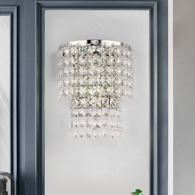 Double Layered Wall Sconce Light Vintage Style Clear Crystal 1 Light Chrome/Gold Wall Mount Lamp with Square Shape, 7"/10" W Clearhalo 'Modern wall lights' 'Modern' 'Wall Lamps & Sconces' 'Wall Lights' Lighting' 559822