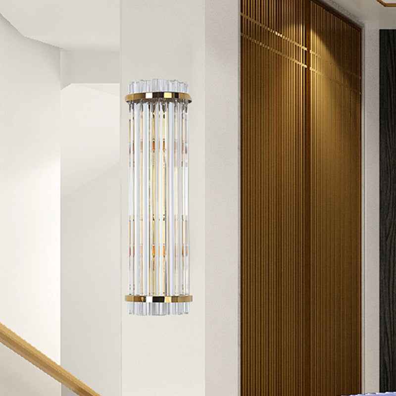 Clear Crystal Cylindrical Wall Lighting Modernism 2 Lights Gold Finish Wall Sconce Lamp for Living Room, 14"/21.5" W Gold 21.5" Clearhalo 'Modern wall lights' 'Modern' 'Wall Lamps & Sconces' 'Wall Lights' Lighting' 559855