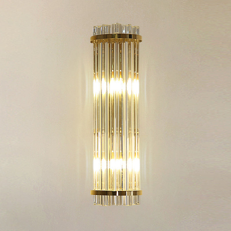 Clear Crystal Cylindrical Wall Lighting Modernism 2 Lights Gold Finish Wall Sconce Lamp for Living Room, 14"/21.5" W Clearhalo 'Modern wall lights' 'Modern' 'Wall Lamps & Sconces' 'Wall Lights' Lighting' 559857