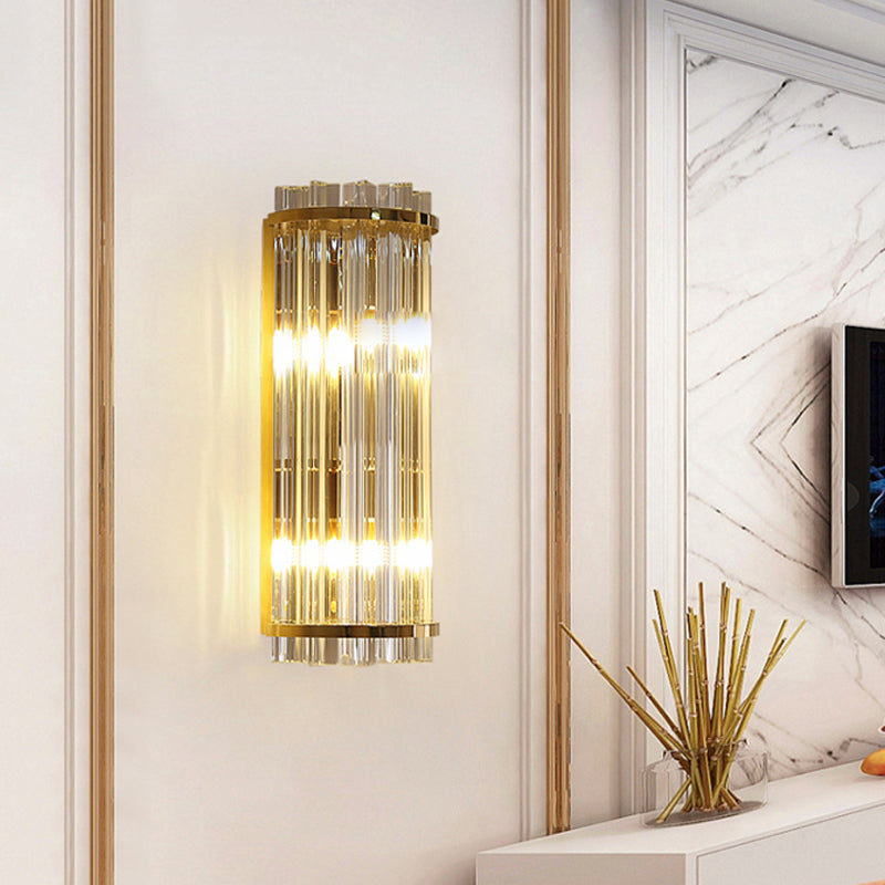 Clear Crystal Cylindrical Wall Lighting Modernism 2 Lights Gold Finish Wall Sconce Lamp for Living Room, 14"/21.5" W Clearhalo 'Modern wall lights' 'Modern' 'Wall Lamps & Sconces' 'Wall Lights' Lighting' 559861