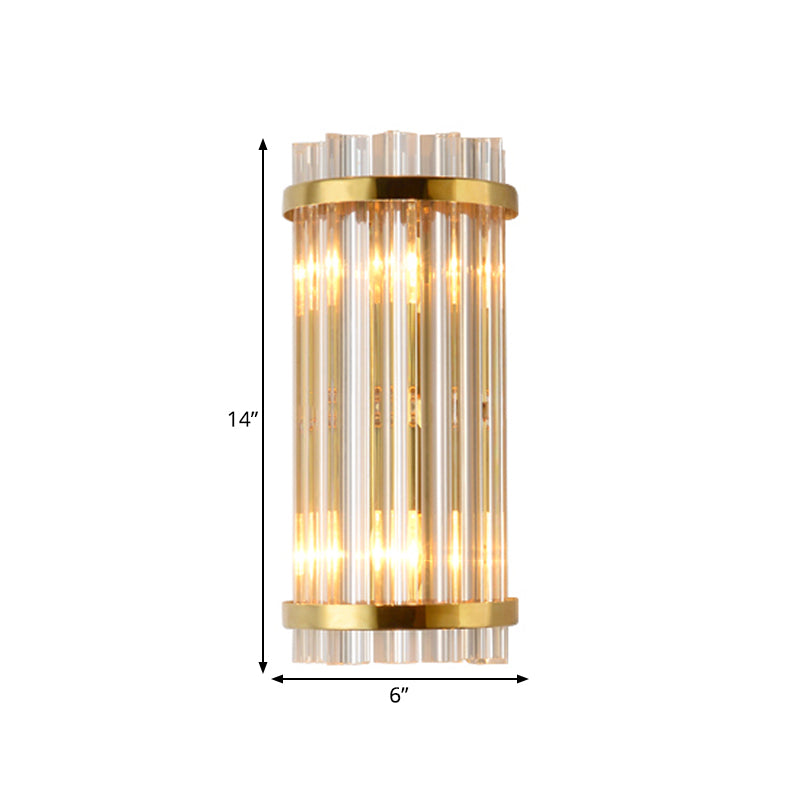 Clear Crystal Cylindrical Wall Lighting Modernism 2 Lights Gold Finish Wall Sconce Lamp for Living Room, 14"/21.5" W Clearhalo 'Modern wall lights' 'Modern' 'Wall Lamps & Sconces' 'Wall Lights' Lighting' 559864