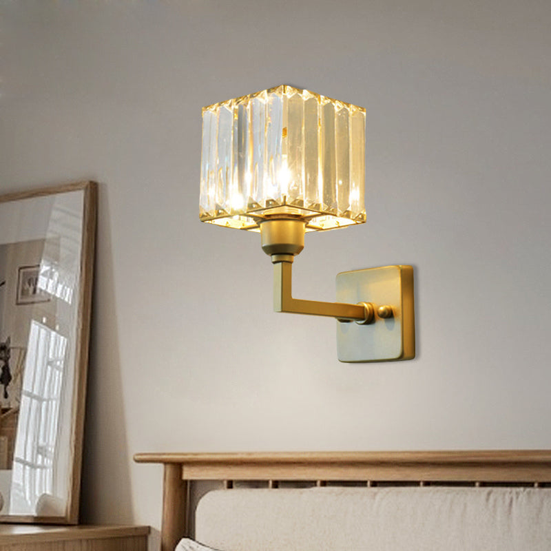 Clear Crystal Block Wall Lighting Fixture Modern Style 1 Light Gold Finish Sconce Light for Bedroom Clearhalo 'Modern wall lights' 'Modern' 'Wall Lamps & Sconces' 'Wall Lights' Lighting' 559881