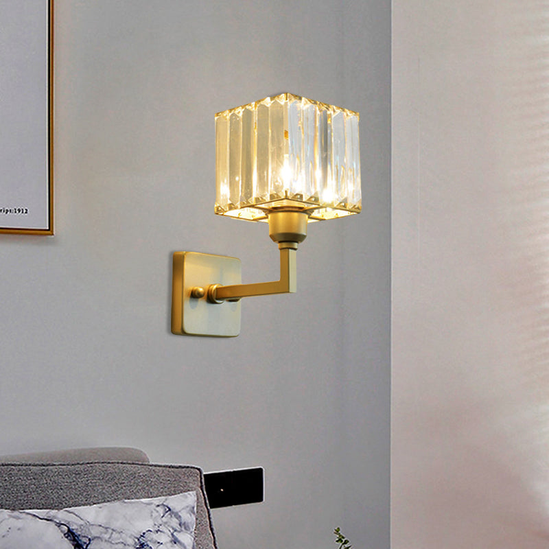 Clear Crystal Block Wall Lighting Fixture Modern Style 1 Light Gold Finish Sconce Light for Bedroom Clearhalo 'Modern wall lights' 'Modern' 'Wall Lamps & Sconces' 'Wall Lights' Lighting' 559882