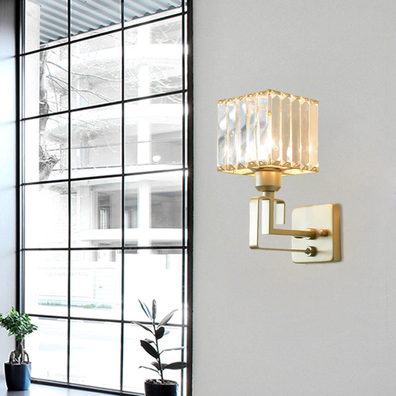 Clear Crystal Block Wall Lighting Fixture Modern Style 1 Light Gold Finish Sconce Light for Bedroom Clearhalo 'Modern wall lights' 'Modern' 'Wall Lamps & Sconces' 'Wall Lights' Lighting' 559892