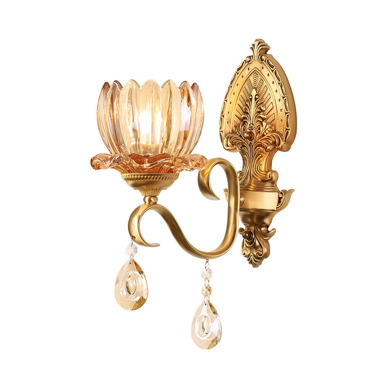 Modern Petal Wall Mount Light Amber Glass 1/2-Head Bedroom Wall Lighting with Clear Crystal Deco and Curved Arm in Brass Clearhalo 'Modern wall lights' 'Modern' 'Wall Lamps & Sconces' 'Wall Lights' Lighting' 559898