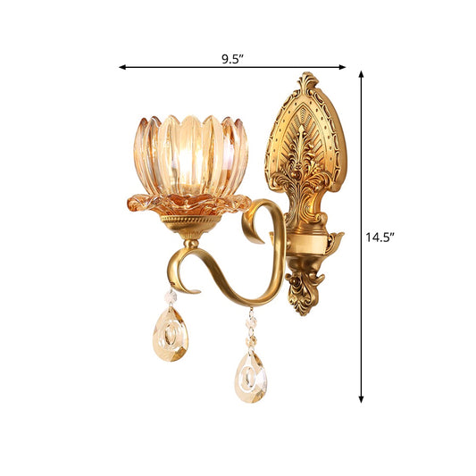 Modern Petal Wall Mount Light Amber Glass 1/2-Head Bedroom Wall Lighting with Clear Crystal Deco and Curved Arm in Brass Clearhalo 'Modern wall lights' 'Modern' 'Wall Lamps & Sconces' 'Wall Lights' Lighting' 559899