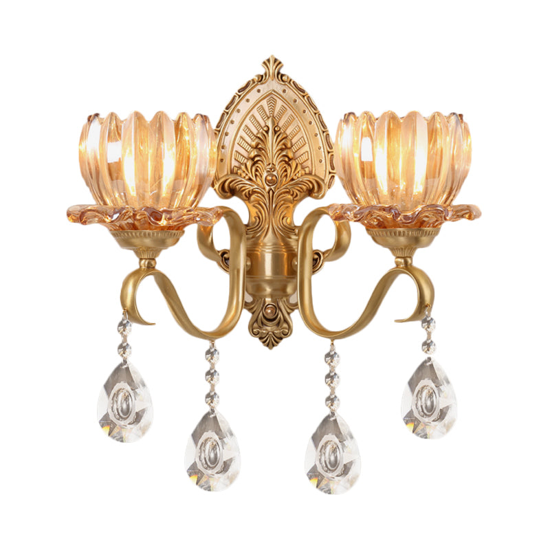 Modern Petal Wall Mount Light Amber Glass 1/2-Head Bedroom Wall Lighting with Clear Crystal Deco and Curved Arm in Brass Clearhalo 'Modern wall lights' 'Modern' 'Wall Lamps & Sconces' 'Wall Lights' Lighting' 559903