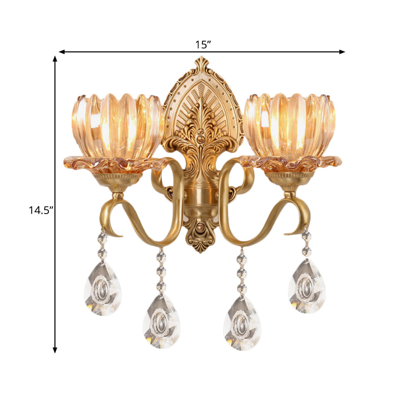 Modern Petal Wall Mount Light Amber Glass 1/2-Head Bedroom Wall Lighting with Clear Crystal Deco and Curved Arm in Brass Clearhalo 'Modern wall lights' 'Modern' 'Wall Lamps & Sconces' 'Wall Lights' Lighting' 559904