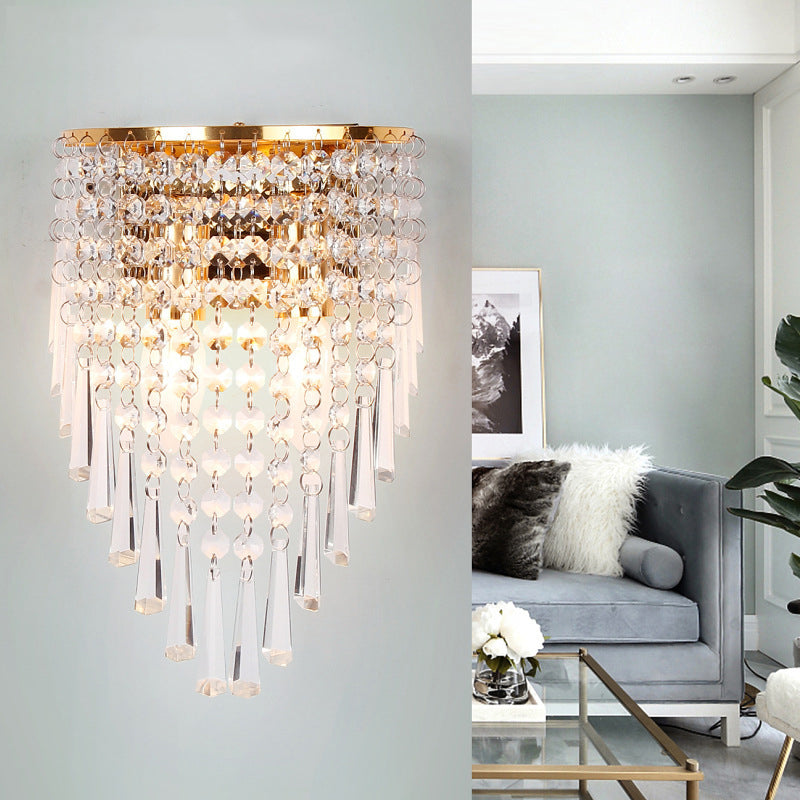 Layered Wall Light Modernism Style Clear Crystal 2 Bulbs Living Room Wall Sconce Lamp in Gold Clearhalo 'Modern wall lights' 'Modern' 'Wall Lamps & Sconces' 'Wall Lights' Lighting' 559906