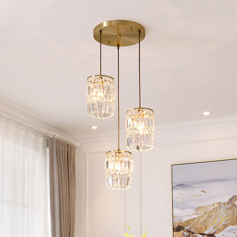 2 Layers Prismatic Crystal Hanging Light Modernism 3 Lights Gold Pendant Light with Linear/Round Canopy Clearhalo 'Ceiling Lights' 'Modern Pendants' 'Modern' 'Pendant Lights' 'Pendants' Lighting' 559910