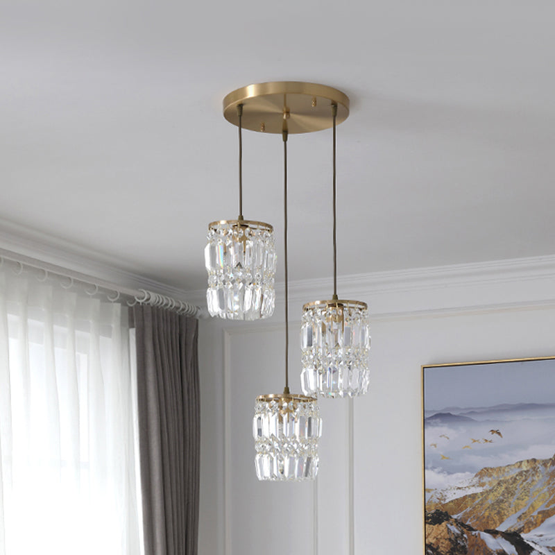 2 Layers Prismatic Crystal Hanging Light Modernism 3 Lights Gold Pendant Light with Linear/Round Canopy Clearhalo 'Ceiling Lights' 'Modern Pendants' 'Modern' 'Pendant Lights' 'Pendants' Lighting' 559912