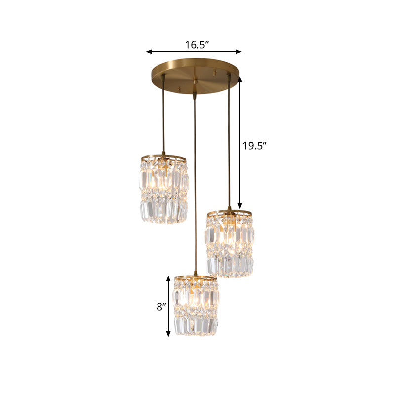 2 Layers Prismatic Crystal Hanging Light Modernism 3 Lights Gold Pendant Light with Linear/Round Canopy Clearhalo 'Ceiling Lights' 'Modern Pendants' 'Modern' 'Pendant Lights' 'Pendants' Lighting' 559914