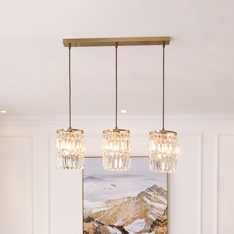 2 Layers Prismatic Crystal Hanging Light Modernism 3 Lights Gold Pendant Light with Linear/Round Canopy Gold Linear Clearhalo 'Ceiling Lights' 'Modern Pendants' 'Modern' 'Pendant Lights' 'Pendants' Lighting' 559915