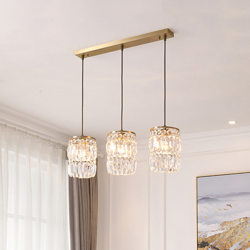 2 Layers Prismatic Crystal Hanging Light Modernism 3 Lights Gold Pendant Light with Linear/Round Canopy Clearhalo 'Ceiling Lights' 'Modern Pendants' 'Modern' 'Pendant Lights' 'Pendants' Lighting' 559917