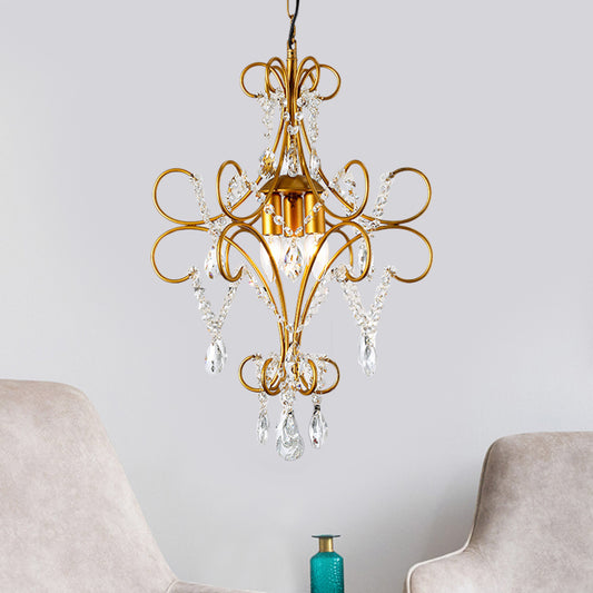 Gold Bent Arm Frame Chandelier Light Modern 3 Lights Iron Hanging Ceiling Light with Glass Strand Gold Clearhalo 'Ceiling Lights' 'Chandeliers' 'Modern Chandeliers' 'Modern' Lighting' 559931