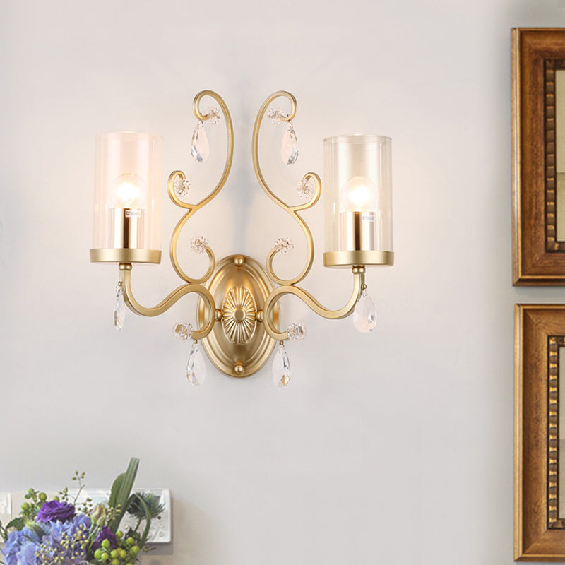 Contemporary 1/2 Lights Wall Light Fixture with Clear Glass Cylinder Shade and Crystal Drop Brass Sconce Light 2.0 Brass Clearhalo 'Cast Iron' 'Glass' 'Industrial' 'Modern wall lights' 'Modern' 'Tiffany' 'Traditional wall lights' 'Wall Lamps & Sconces' 'Wall Lights' Lighting' 559946