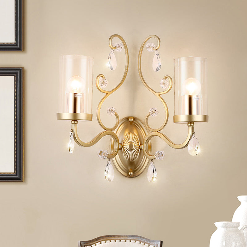 Contemporary 1/2 Lights Wall Light Fixture with Clear Glass Cylinder Shade and Crystal Drop Brass Sconce Light Clearhalo 'Cast Iron' 'Glass' 'Industrial' 'Modern wall lights' 'Modern' 'Tiffany' 'Traditional wall lights' 'Wall Lamps & Sconces' 'Wall Lights' Lighting' 559947