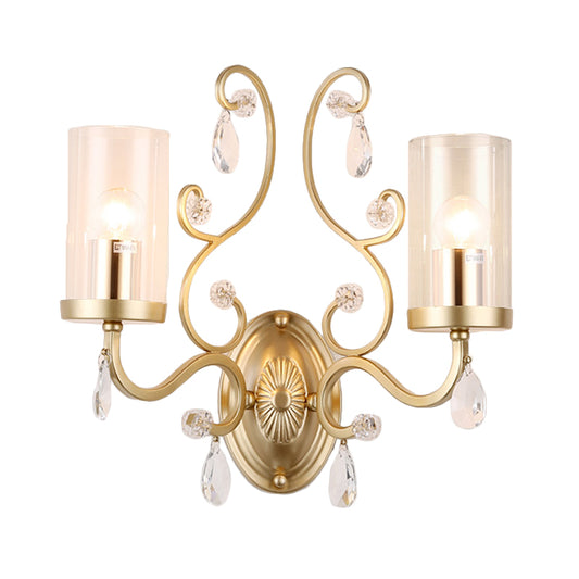 Contemporary 1/2 Lights Wall Light Fixture with Clear Glass Cylinder Shade and Crystal Drop Brass Sconce Light Clearhalo 'Cast Iron' 'Glass' 'Industrial' 'Modern wall lights' 'Modern' 'Tiffany' 'Traditional wall lights' 'Wall Lamps & Sconces' 'Wall Lights' Lighting' 559948
