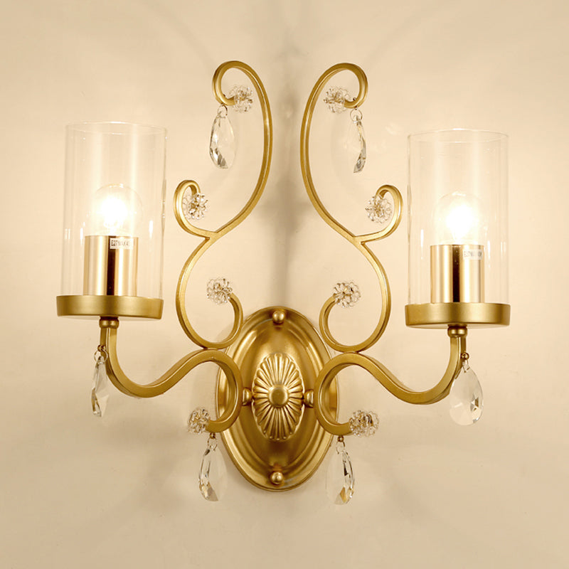 Contemporary 1/2 Lights Wall Light Fixture with Clear Glass Cylinder Shade and Crystal Drop Brass Sconce Light Clearhalo 'Cast Iron' 'Glass' 'Industrial' 'Modern wall lights' 'Modern' 'Tiffany' 'Traditional wall lights' 'Wall Lamps & Sconces' 'Wall Lights' Lighting' 559949