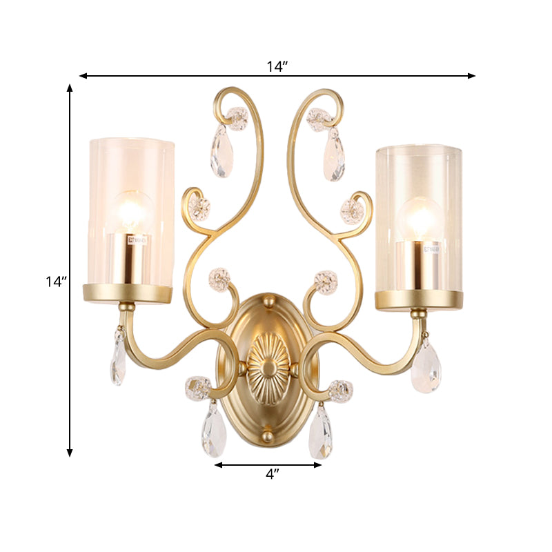 Contemporary 1/2 Lights Wall Light Fixture with Clear Glass Cylinder Shade and Crystal Drop Brass Sconce Light Clearhalo 'Cast Iron' 'Glass' 'Industrial' 'Modern wall lights' 'Modern' 'Tiffany' 'Traditional wall lights' 'Wall Lamps & Sconces' 'Wall Lights' Lighting' 559950