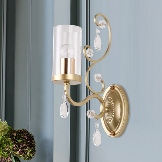 Contemporary 1/2 Lights Wall Light Fixture with Clear Glass Cylinder Shade and Crystal Drop Brass Sconce Light 1.0 Brass Clearhalo 'Cast Iron' 'Glass' 'Industrial' 'Modern wall lights' 'Modern' 'Tiffany' 'Traditional wall lights' 'Wall Lamps & Sconces' 'Wall Lights' Lighting' 559951