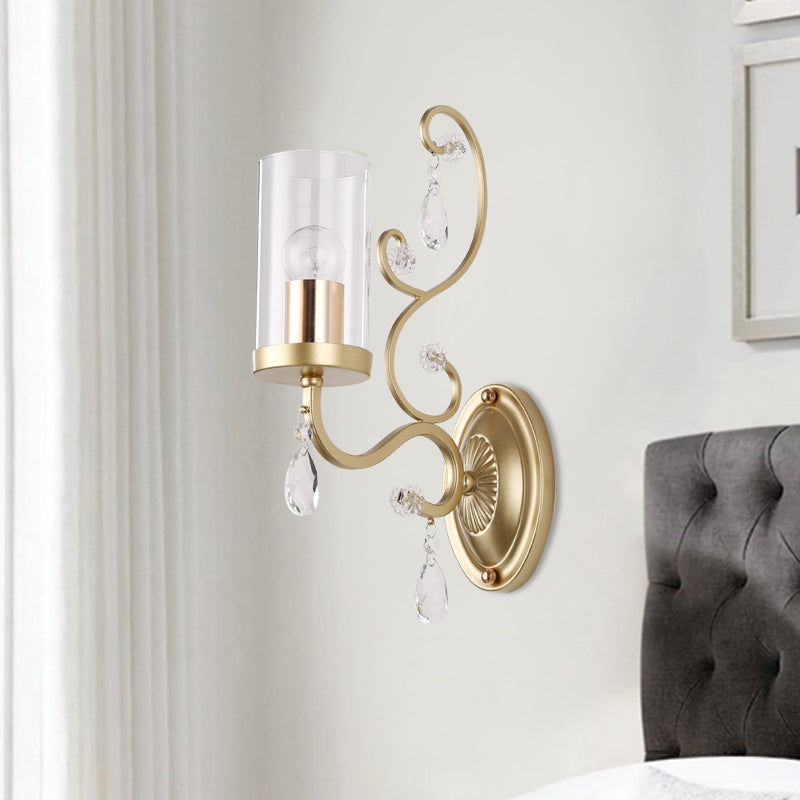 Contemporary 1/2 Lights Wall Light Fixture with Clear Glass Cylinder Shade and Crystal Drop Brass Sconce Light Clearhalo 'Cast Iron' 'Glass' 'Industrial' 'Modern wall lights' 'Modern' 'Tiffany' 'Traditional wall lights' 'Wall Lamps & Sconces' 'Wall Lights' Lighting' 559952