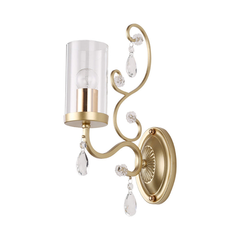 Contemporary 1/2 Lights Wall Light Fixture with Clear Glass Cylinder Shade and Crystal Drop Brass Sconce Light Clearhalo 'Cast Iron' 'Glass' 'Industrial' 'Modern wall lights' 'Modern' 'Tiffany' 'Traditional wall lights' 'Wall Lamps & Sconces' 'Wall Lights' Lighting' 559953