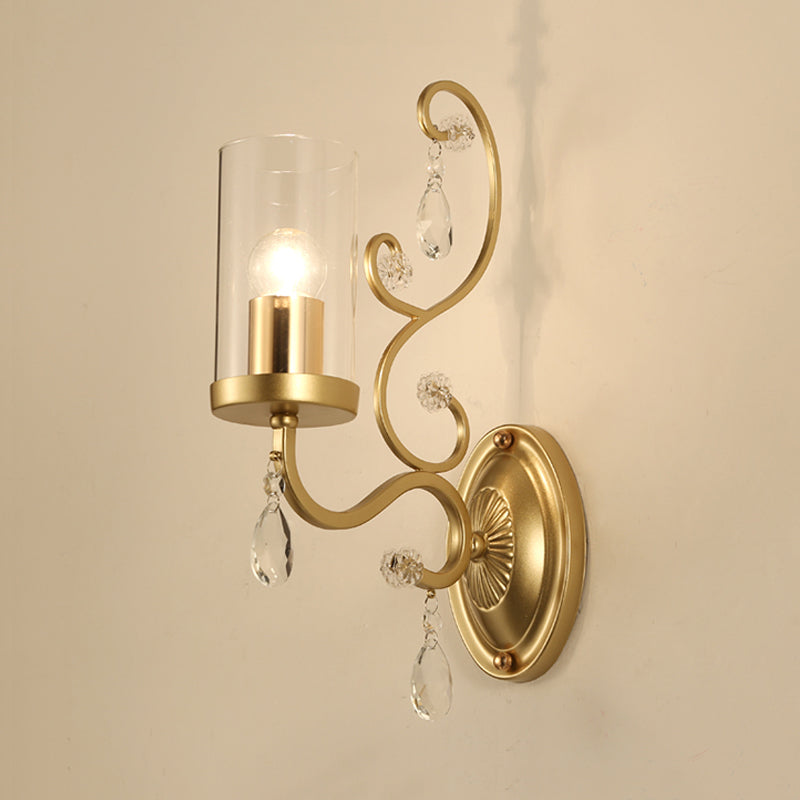 Contemporary 1/2 Lights Wall Light Fixture with Clear Glass Cylinder Shade and Crystal Drop Brass Sconce Light Clearhalo 'Cast Iron' 'Glass' 'Industrial' 'Modern wall lights' 'Modern' 'Tiffany' 'Traditional wall lights' 'Wall Lamps & Sconces' 'Wall Lights' Lighting' 559954