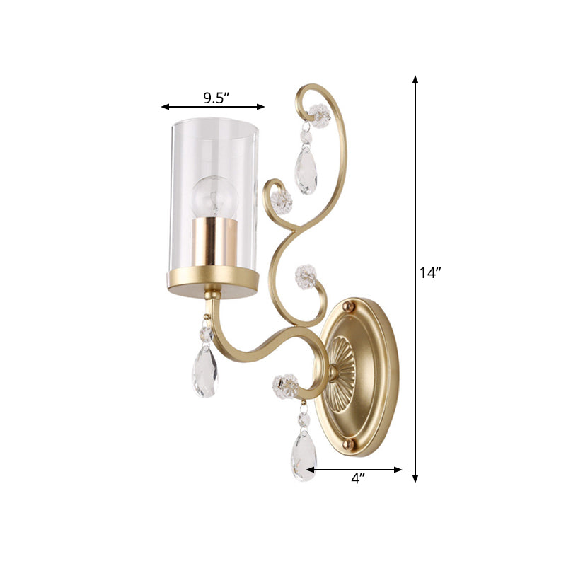 Contemporary 1/2 Lights Wall Light Fixture with Clear Glass Cylinder Shade and Crystal Drop Brass Sconce Light Clearhalo 'Cast Iron' 'Glass' 'Industrial' 'Modern wall lights' 'Modern' 'Tiffany' 'Traditional wall lights' 'Wall Lamps & Sconces' 'Wall Lights' Lighting' 559955