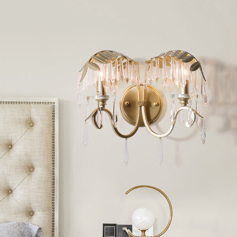 Bent Arm Wall Sconce Light Modern Crystal 2 Lights Brass Wall Mounted Light for Bedroom Brass Clearhalo 'Cast Iron' 'Glass' 'Industrial' 'Modern wall lights' 'Modern' 'Tiffany' 'Traditional wall lights' 'Wall Lamps & Sconces' 'Wall Lights' Lighting' 559956