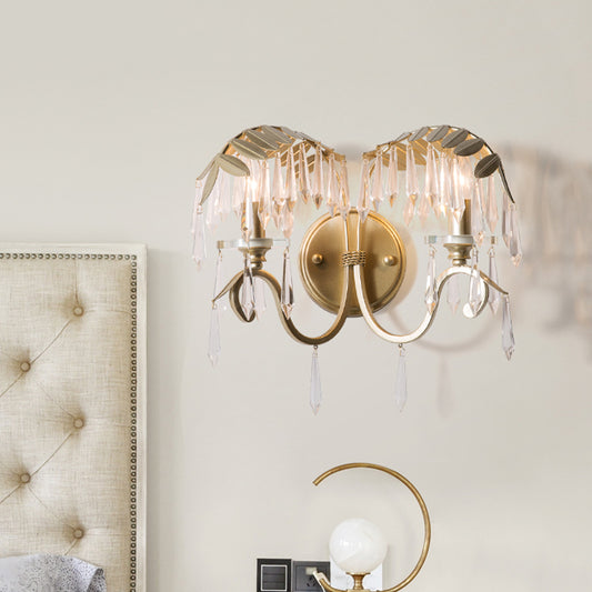 Bent Arm Wall Sconce Light Modern Crystal 2 Lights Brass Wall Mounted Light for Bedroom Brass Clearhalo 'Cast Iron' 'Glass' 'Industrial' 'Modern wall lights' 'Modern' 'Tiffany' 'Traditional wall lights' 'Wall Lamps & Sconces' 'Wall Lights' Lighting' 559956