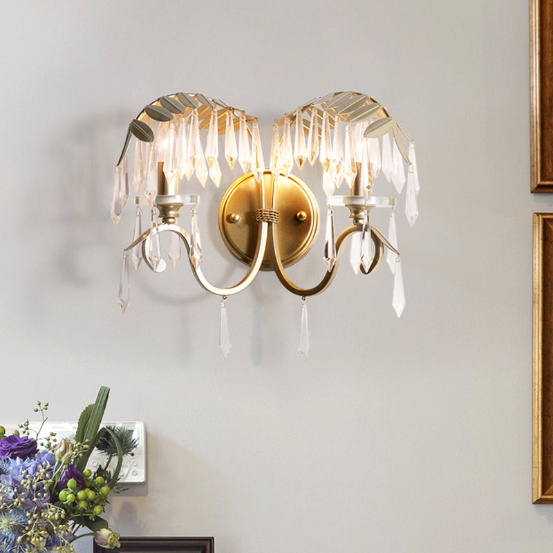 Bent Arm Wall Sconce Light Modern Crystal 2 Lights Brass Wall Mounted Light for Bedroom Clearhalo 'Cast Iron' 'Glass' 'Industrial' 'Modern wall lights' 'Modern' 'Tiffany' 'Traditional wall lights' 'Wall Lamps & Sconces' 'Wall Lights' Lighting' 559957