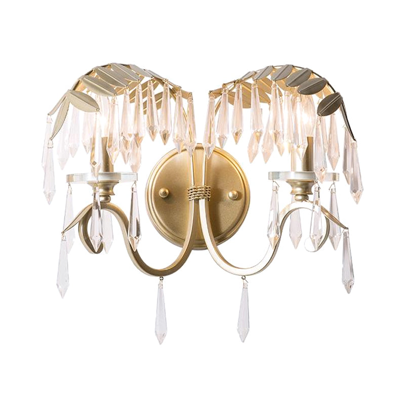 Bent Arm Wall Sconce Light Modern Crystal 2 Lights Brass Wall Mounted Light for Bedroom Clearhalo 'Cast Iron' 'Glass' 'Industrial' 'Modern wall lights' 'Modern' 'Tiffany' 'Traditional wall lights' 'Wall Lamps & Sconces' 'Wall Lights' Lighting' 559959