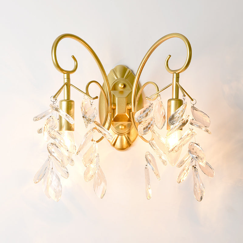 Scroll Frame Teardrop Crystal Wall Mount Light Contemporary 2 Lights Brass Sconce Light for Bedroom Clearhalo 'Modern wall lights' 'Modern' 'Wall Lamps & Sconces' 'Wall Lights' Lighting' 559964