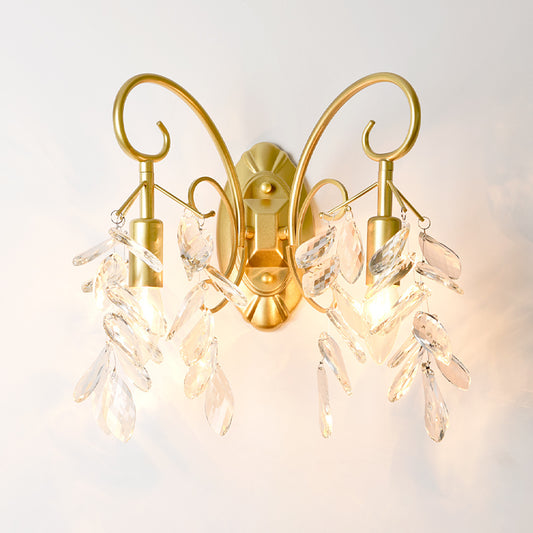Scroll Frame Teardrop Crystal Wall Mount Light Contemporary 2 Lights Brass Sconce Light for Bedroom Clearhalo 'Modern wall lights' 'Modern' 'Wall Lamps & Sconces' 'Wall Lights' Lighting' 559964