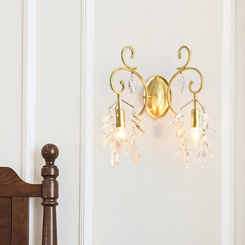 Gold Curve Arm Sconce Light Fixture Postmodern 2 Light Crystal Drip Wall Mount Light Gold Clearhalo 'Modern wall lights' 'Modern' 'Wall Lamps & Sconces' 'Wall Lights' Lighting' 559966