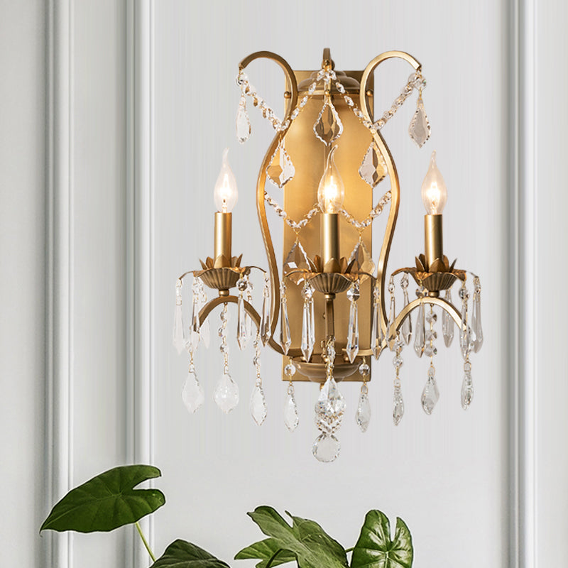 Contemporary Candelabra Wall Light Fixture Iron 3 Lights Black/Brass Sconce Light with Crystal Drop Clearhalo 'Cast Iron' 'Glass' 'Industrial' 'Modern wall lights' 'Modern' 'Tiffany' 'Traditional wall lights' 'Wall Lamps & Sconces' 'Wall Lights' Lighting' 559972