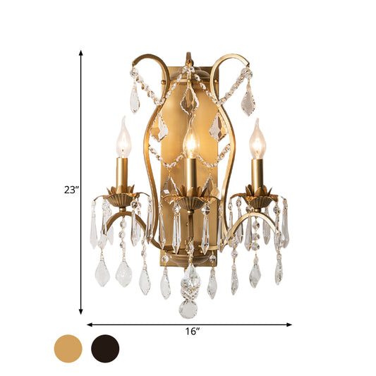 Contemporary Candelabra Wall Light Fixture Iron 3 Lights Black/Brass Sconce Light with Crystal Drop Clearhalo 'Cast Iron' 'Glass' 'Industrial' 'Modern wall lights' 'Modern' 'Tiffany' 'Traditional wall lights' 'Wall Lamps & Sconces' 'Wall Lights' Lighting' 559975