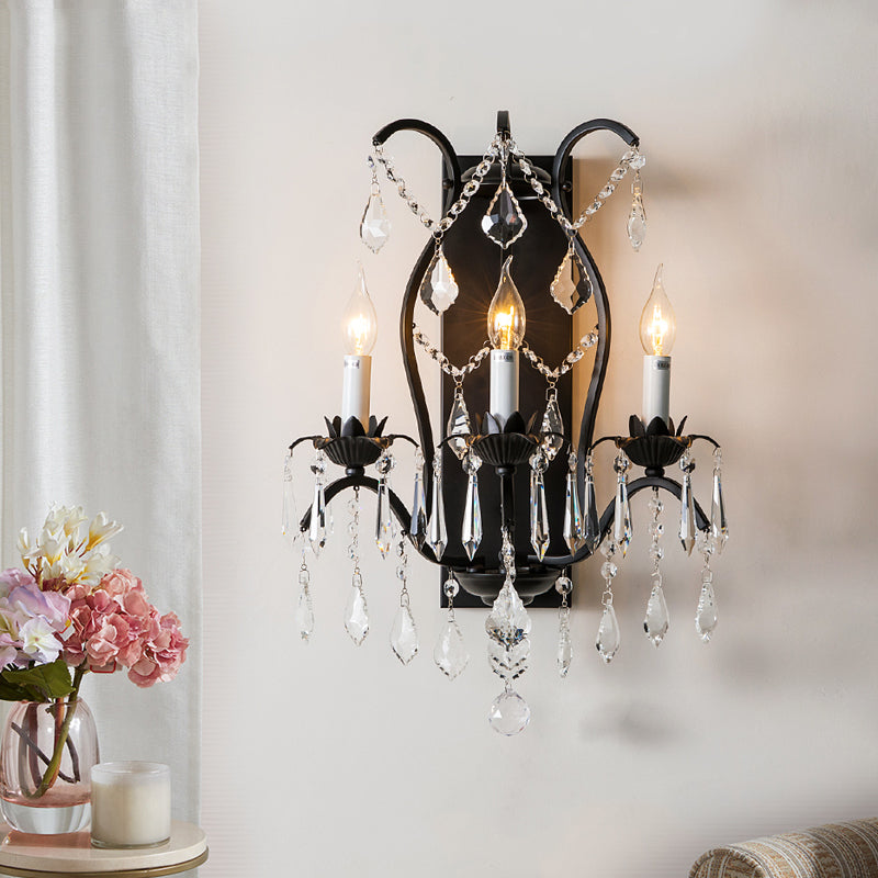 Contemporary Candelabra Wall Light Fixture Iron 3 Lights Black/Brass Sconce Light with Crystal Drop Black Clearhalo 'Cast Iron' 'Glass' 'Industrial' 'Modern wall lights' 'Modern' 'Tiffany' 'Traditional wall lights' 'Wall Lamps & Sconces' 'Wall Lights' Lighting' 559976