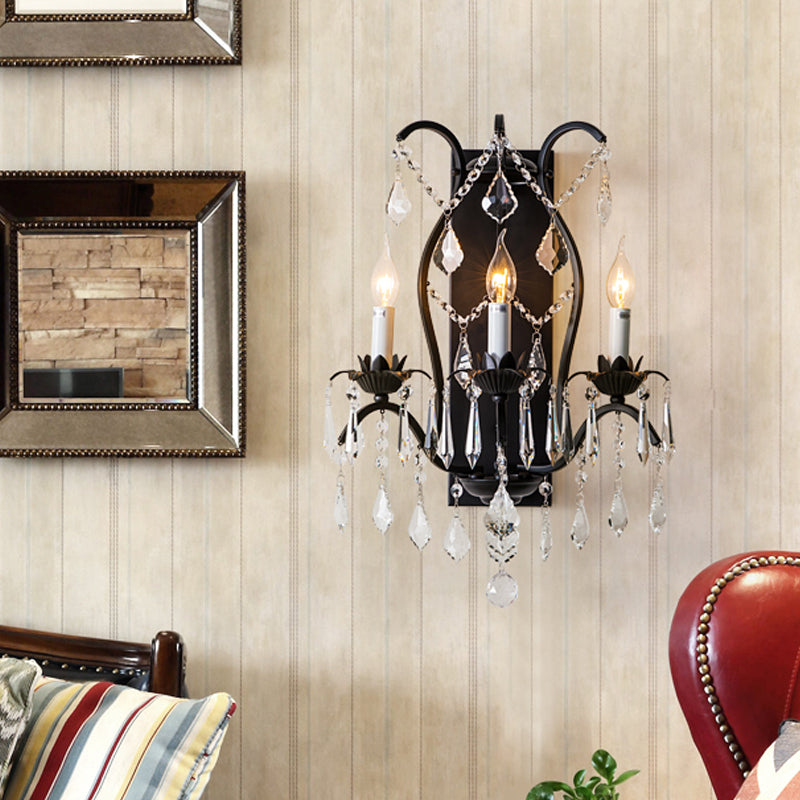 Contemporary Candelabra Wall Light Fixture Iron 3 Lights Black/Brass Sconce Light with Crystal Drop Clearhalo 'Cast Iron' 'Glass' 'Industrial' 'Modern wall lights' 'Modern' 'Tiffany' 'Traditional wall lights' 'Wall Lamps & Sconces' 'Wall Lights' Lighting' 559977