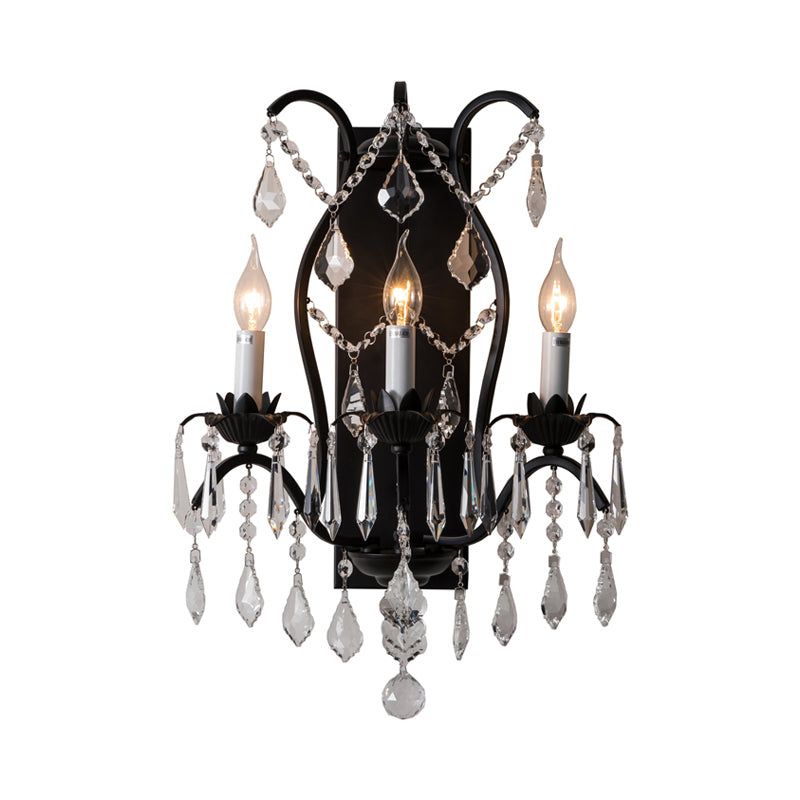 Contemporary Candelabra Wall Light Fixture Iron 3 Lights Black/Brass Sconce Light with Crystal Drop Clearhalo 'Cast Iron' 'Glass' 'Industrial' 'Modern wall lights' 'Modern' 'Tiffany' 'Traditional wall lights' 'Wall Lamps & Sconces' 'Wall Lights' Lighting' 559978