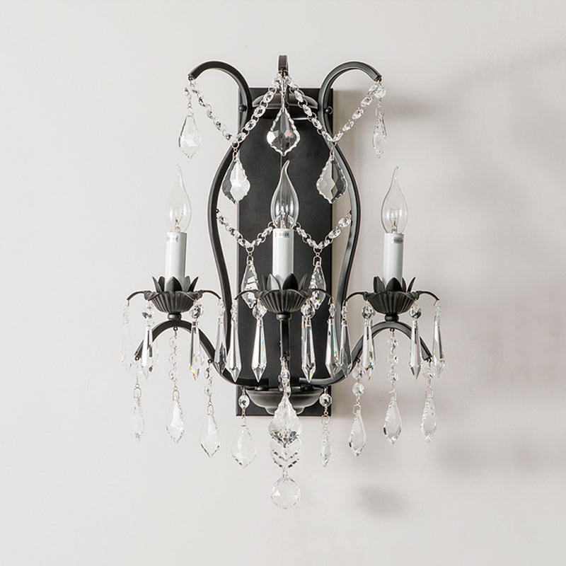 Contemporary Candelabra Wall Light Fixture Iron 3 Lights Black/Brass Sconce Light with Crystal Drop Clearhalo 'Cast Iron' 'Glass' 'Industrial' 'Modern wall lights' 'Modern' 'Tiffany' 'Traditional wall lights' 'Wall Lamps & Sconces' 'Wall Lights' Lighting' 559979