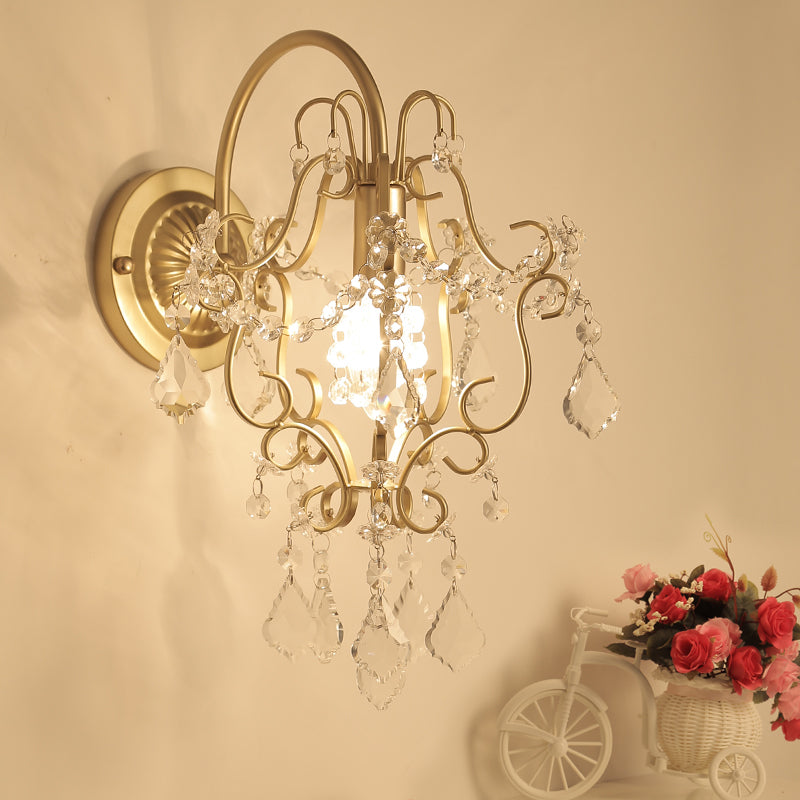 Bent Arm Frame Wall Mount Lamp Rustic Metal 1 Light Gold Sconce Light with Crystal Accent Clearhalo 'Cast Iron' 'Glass' 'Industrial' 'Modern wall lights' 'Modern' 'Tiffany' 'Traditional wall lights' 'Wall Lamps & Sconces' 'Wall Lights' Lighting' 559997