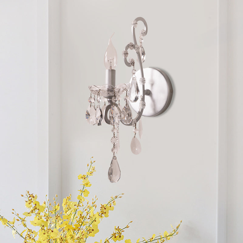 Modern Candelabra Wall Mount Light Metal 1 Light Corridor Sconce Light with Crystal Drop in Silver/Gold Silver Clearhalo 'Modern wall lights' 'Modern' 'Wall Lamps & Sconces' 'Wall Lights' Lighting' 560000