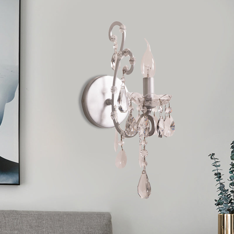 Modern Candelabra Wall Mount Light Metal 1 Light Corridor Sconce Light with Crystal Drop in Silver/Gold Clearhalo 'Modern wall lights' 'Modern' 'Wall Lamps & Sconces' 'Wall Lights' Lighting' 560001