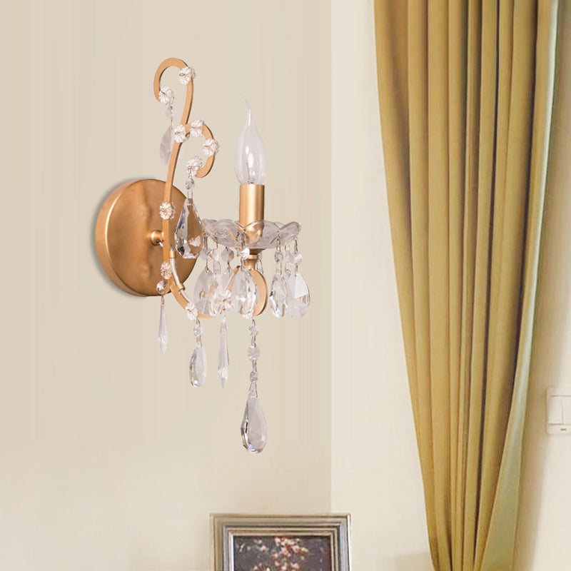 Modern Candelabra Wall Mount Light Metal 1 Light Corridor Sconce Light with Crystal Drop in Silver/Gold Clearhalo 'Modern wall lights' 'Modern' 'Wall Lamps & Sconces' 'Wall Lights' Lighting' 560006