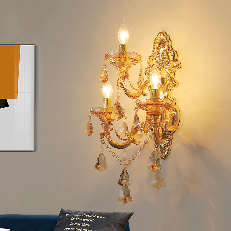 Contemporary Candelabra Wall Mount Light Crystal 3 Lights Living Room Sconce Light in Gold with Shade/Shadeless Gold Shadeless Clearhalo 'Cast Iron' 'Glass' 'Industrial' 'Modern wall lights' 'Modern' 'Tiffany' 'Traditional wall lights' 'Wall Lamps & Sconces' 'Wall Lights' Lighting' 560009